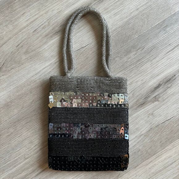 Handbags - Fancy Square Sequin & Seed Beaded Handbag Shiny Black Gray Silver Satin Lining